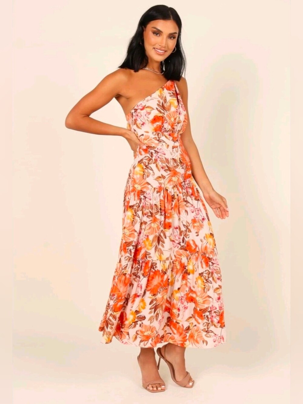 Petal & Pup Marietta Orange Floral One Shoulder Tiered Resort Midi Dress Size 8